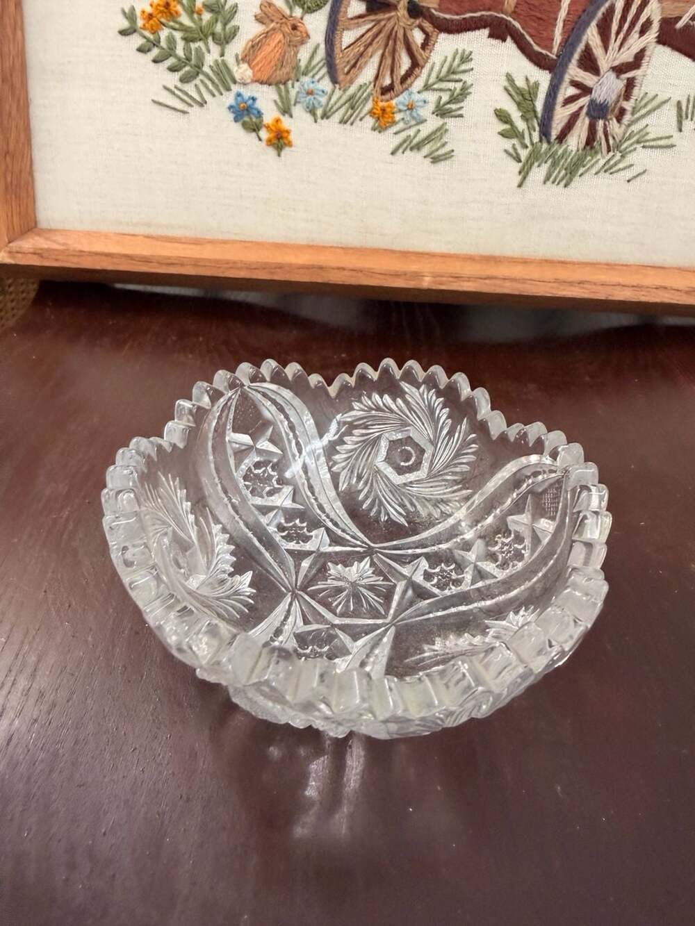 Vintage Clear Cut Glass Crystal Pinwheel Hobstar Sawtooth Bowl Trinket Dish